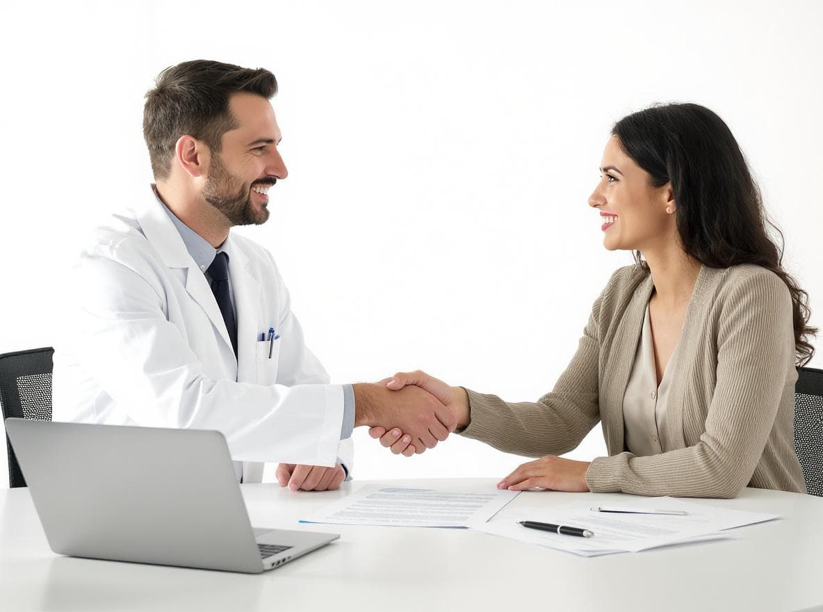 Pharmacien et consultante signant un accord de financement