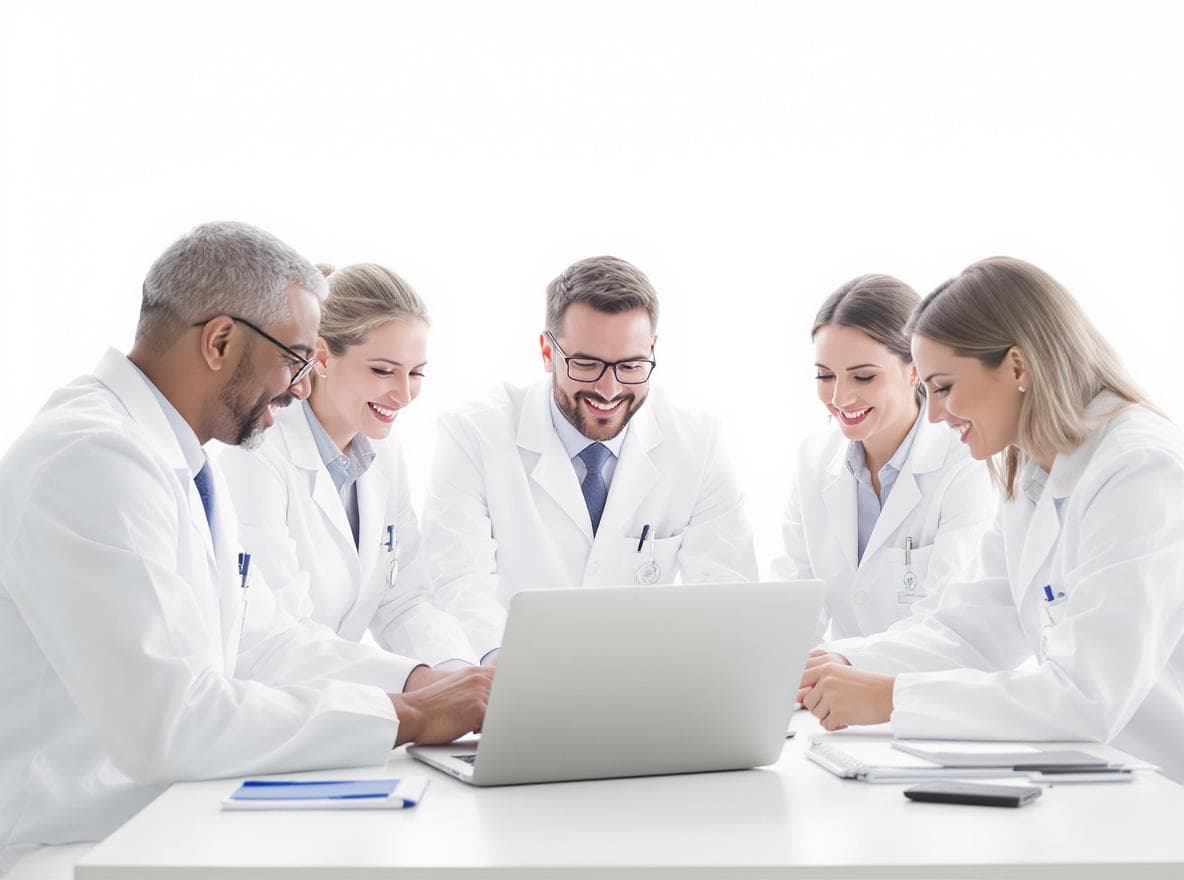 Équipe de pharmaciens en formation autour d'un ordinateur