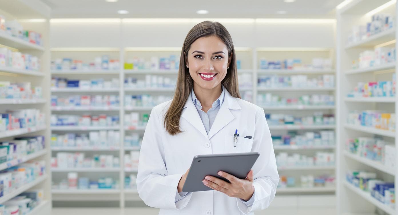 Pharmacienne avec tablette dans son officine