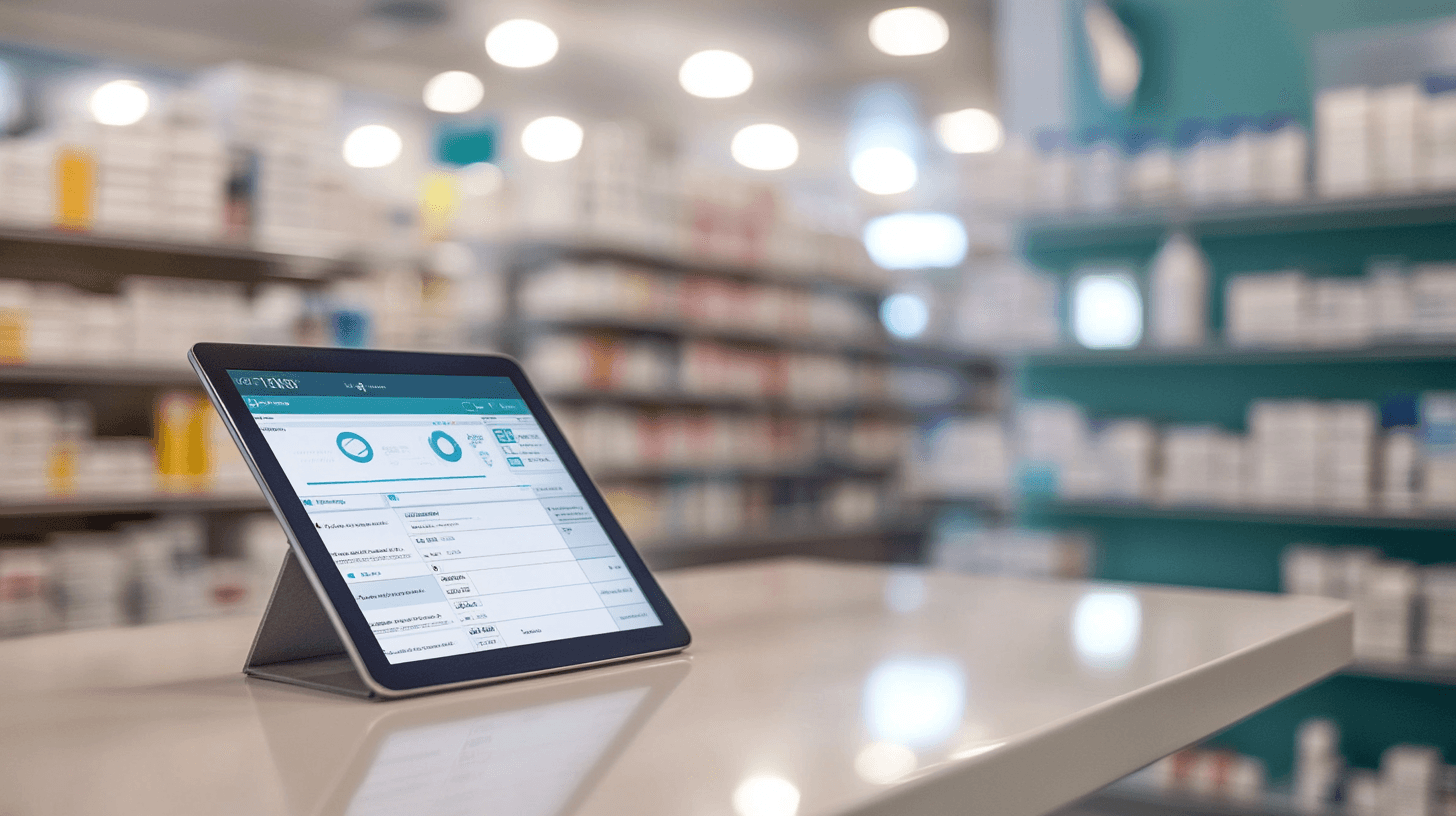Tablette avec outils IA au comptoir d'une pharmacie